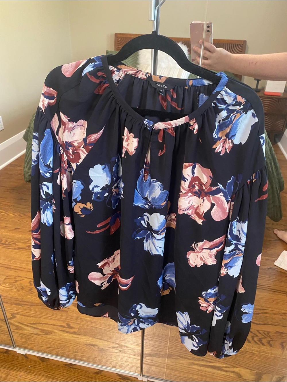RW&CO. Navy Floral Peasant Blouse with Pink & Blue Flowers